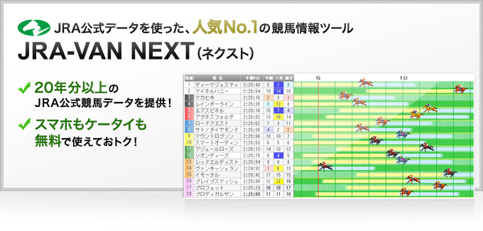 JRA公式データを使った、人気No.1の競馬情報ツール JRA-VAN NEXT(ネクスト) 20年分以上のJRA公式競馬データを提供! ケータイサービスも無料で使えておトク!